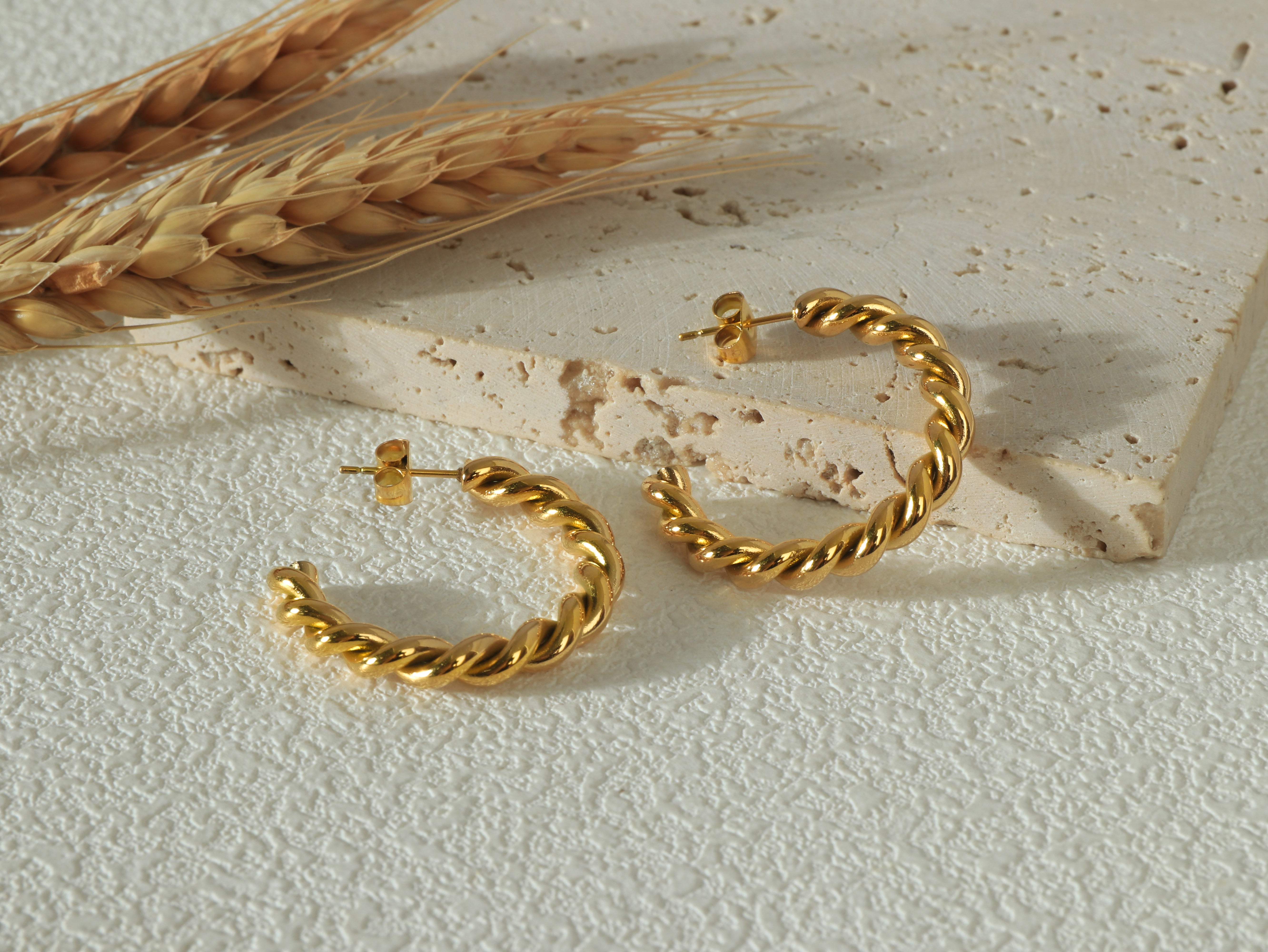 Poise Hoops - 14K Real Gold hoop earrings - Styled flat lay image 1