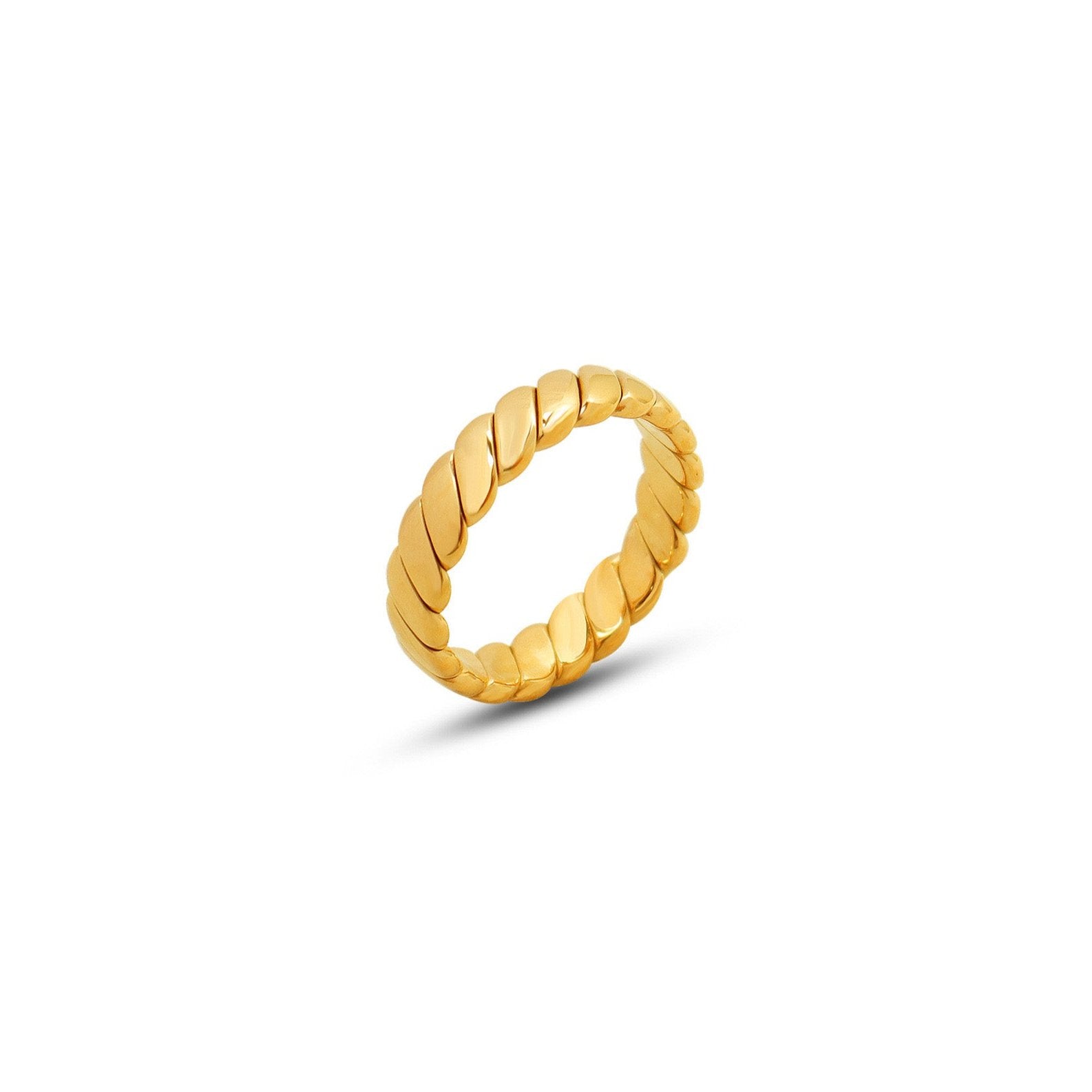 Venus Gold Ring - 18k real gold over stainless steel, displayed on a white background, highlighting its intricate braided design and polished, waterproof finish.