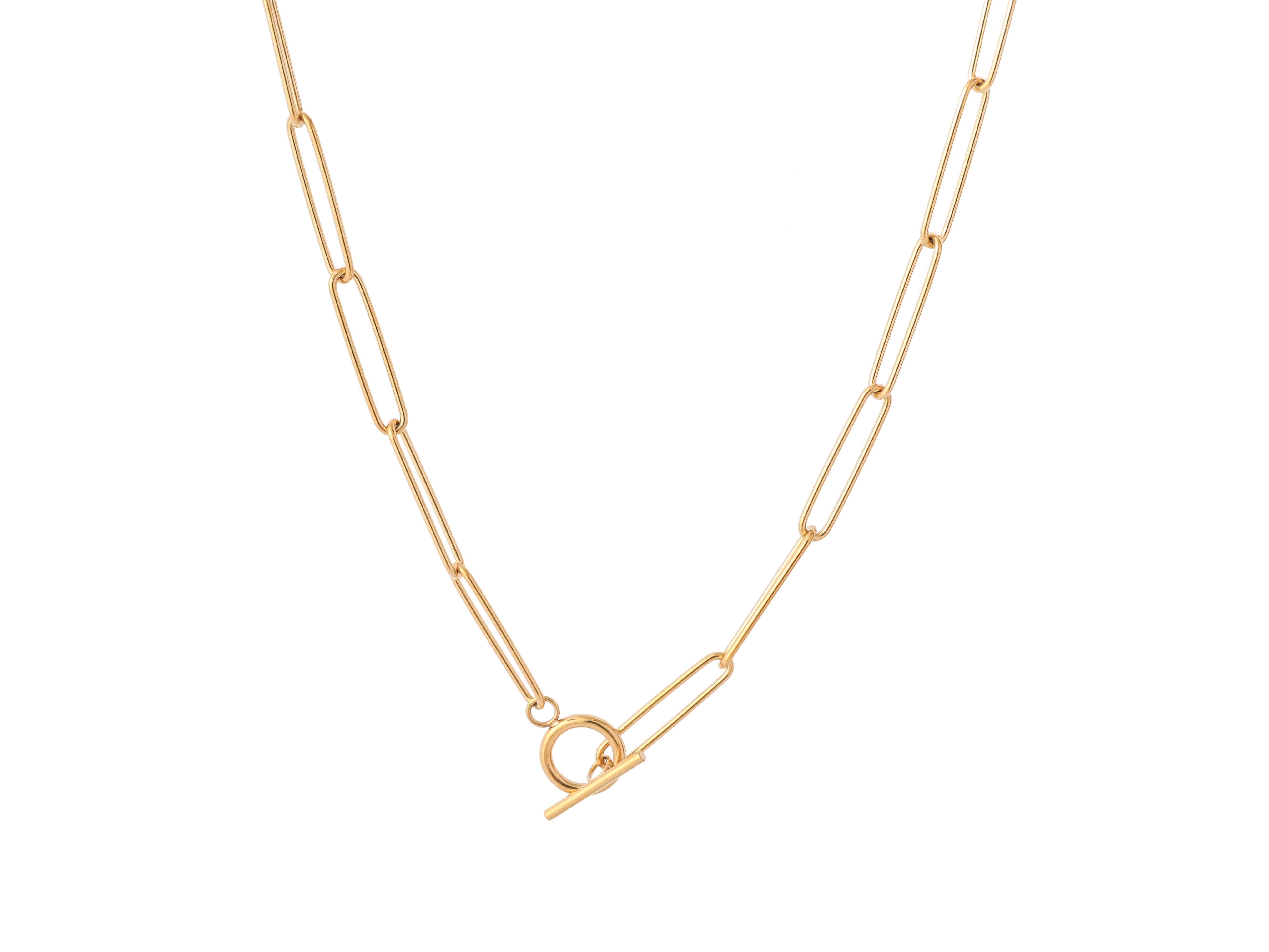 Unity Chain gold necklace on a white background, showcasing its 14k gold-plated stainless steel links, unique closure style and durability.