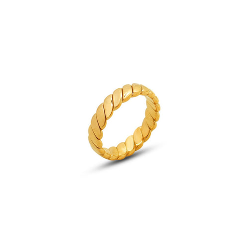 Venus Gold Ring - 18k real gold over stainless steel, displayed on a white background, highlighting its intricate braided design and polished, waterproof finish.