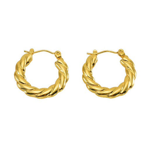 Venus Gold Hoops in 18k real gold over stainless steel, displayed on a white background, showing their bold and scratch-resistant finish.