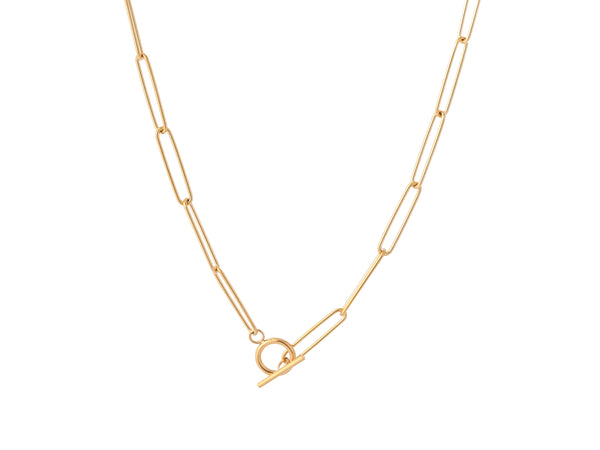 Unity Chain gold necklace on a white background, showcasing its 14k gold-plated stainless steel links, unique closure style and durability.