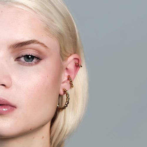 Gold Crown Earcuffs set of 3 worn by model, showcasing Small, Medium, and Large sizes in 14k real gold with a layered, statement look - Close up view