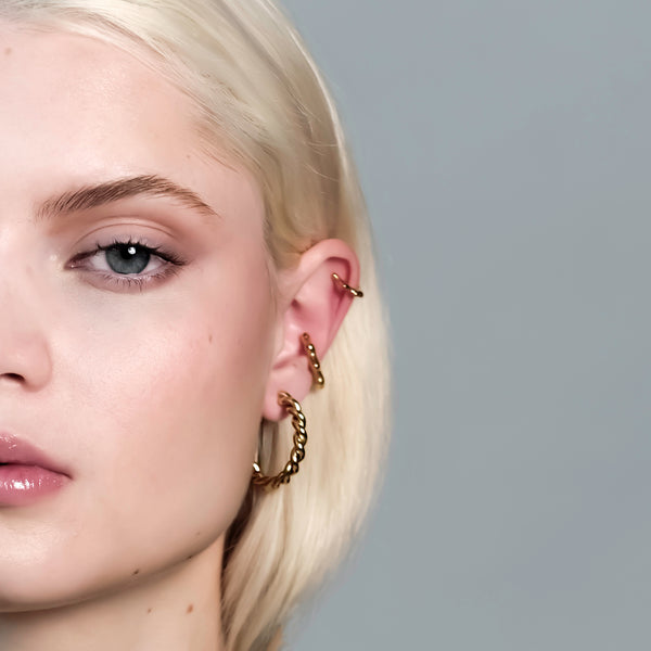 Gold Crown Earcuffs set of 3 worn by model, showcasing Small, Medium, and Large sizes in 14k real gold with a layered, statement look - Close up view