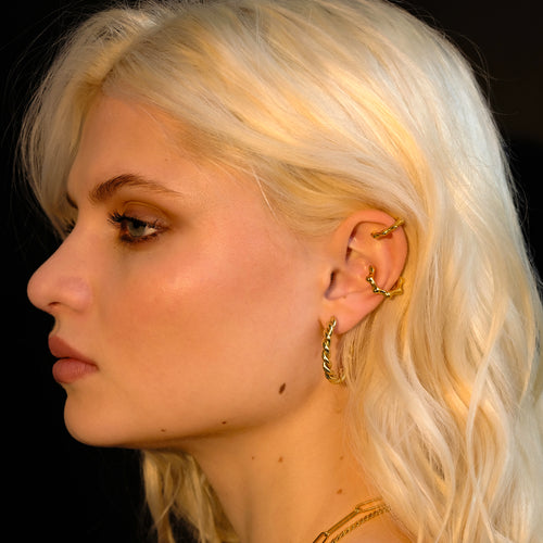 Gold Crown Earcuffs set of 3 worn by model, showcasing Small, Medium, and Large sizes in 14k real gold with a layered, statement look - Side view